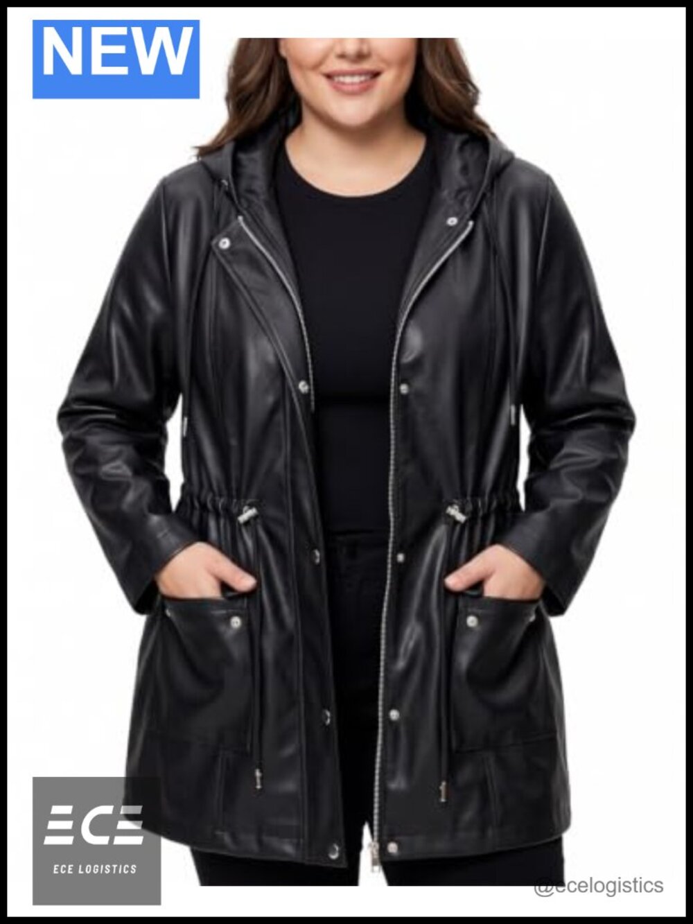 Women's Plus Size Faux Leather Hooded Jacket Drawstring Waist Long Fall